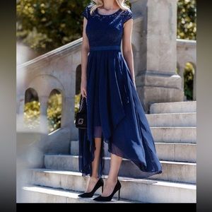 MIUSOL lace insert high low hem ruffle formal dress